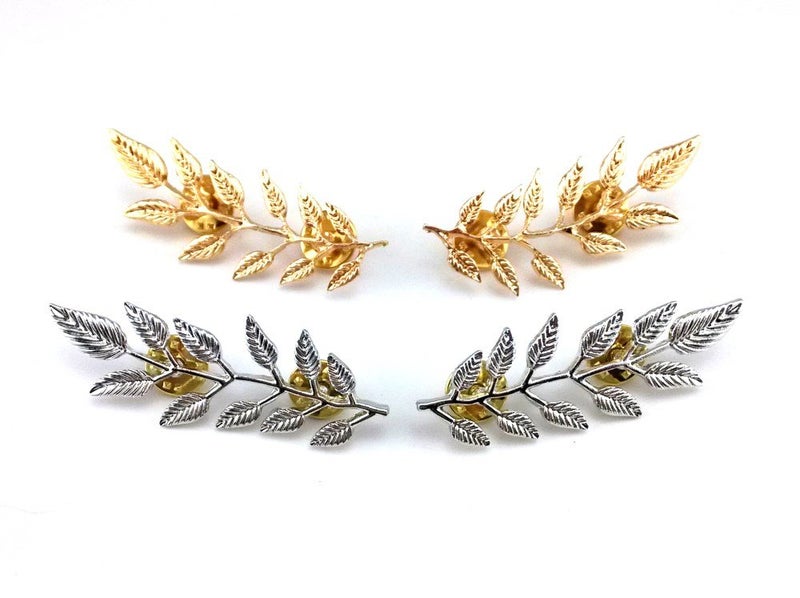 yueton?2 Pairs Metal Golden and Silver Leaves Brooch Suit Shirt Collar Decoration Parts - Image 1